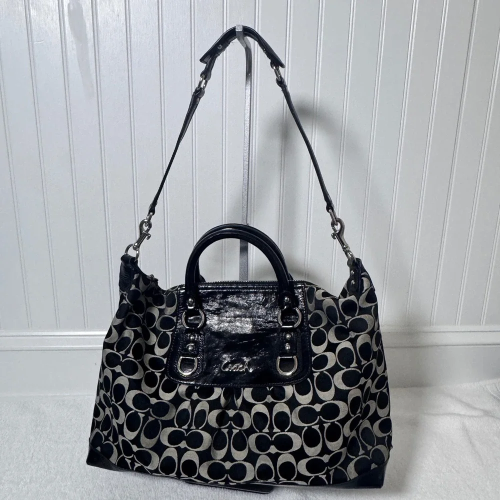 Coach Ashley Satchel Large Black Grey Signature Jacquard Shoulder Bag F15440